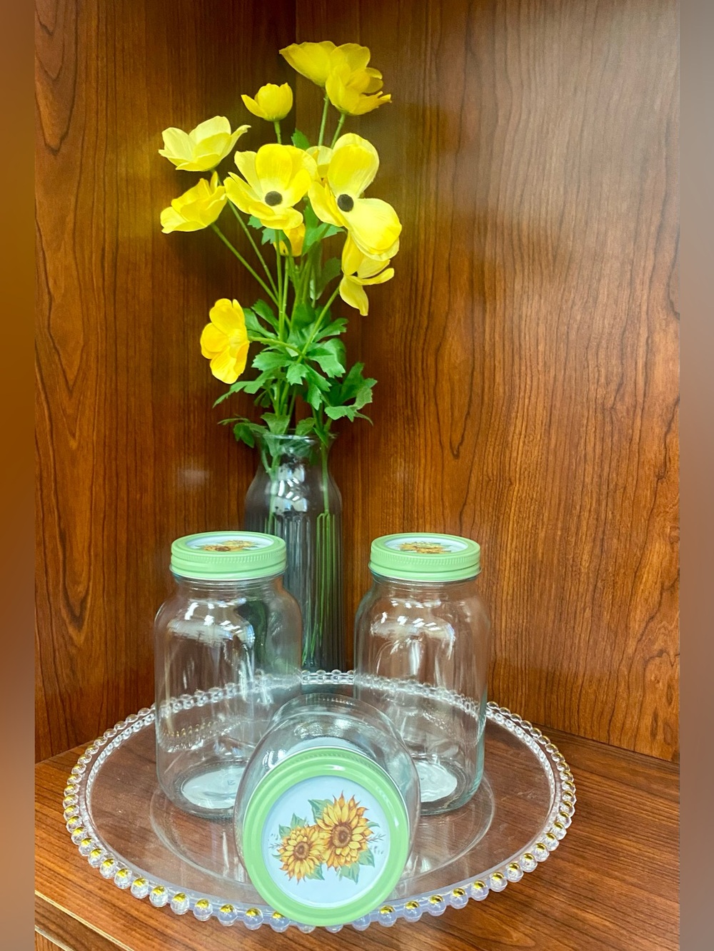 Clear Glass Kitchen Jars with Green Sunflower 🌻 Lids - Home Accents
